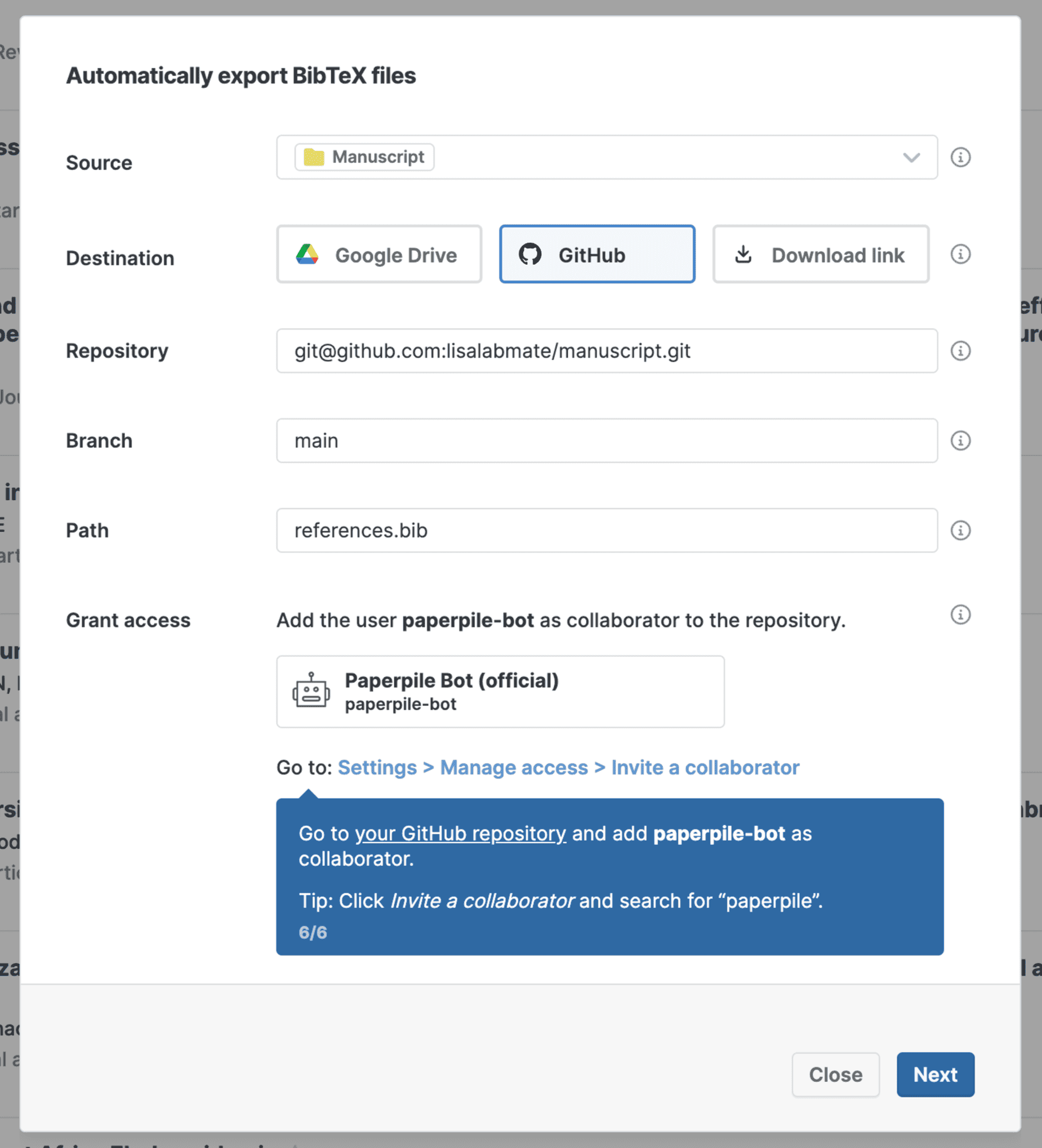 The wizard with GitHub chosen as the destination, showing Repository, Branch (main) and Path (references.bib) fields, and a “Grant access” step asking to add the paperpile-bot user as a collaborator.